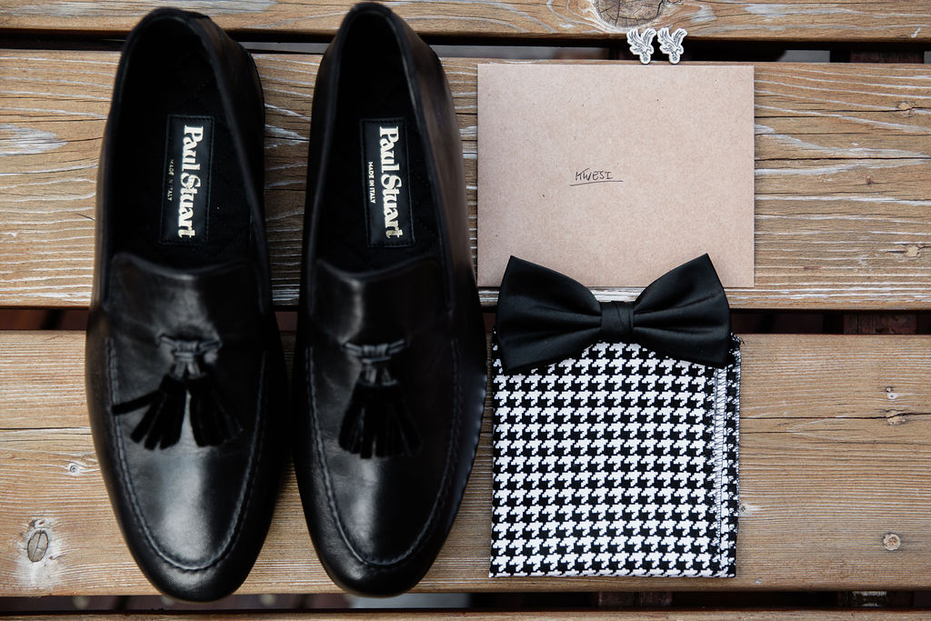 Eglinton West Gallery groom cufflinks loafers, letter, pocket square, and bowtie
